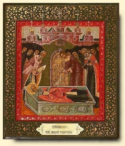 Η Κοίμηση  του Αγίου Νικολάου, Ρωσσική εικόνα, 19ος αι.